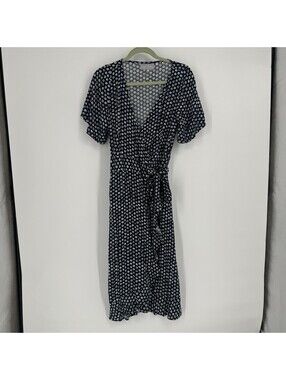 Liz Alig dress large L ethical fashion fair trade navy blue polka dot wrap midi